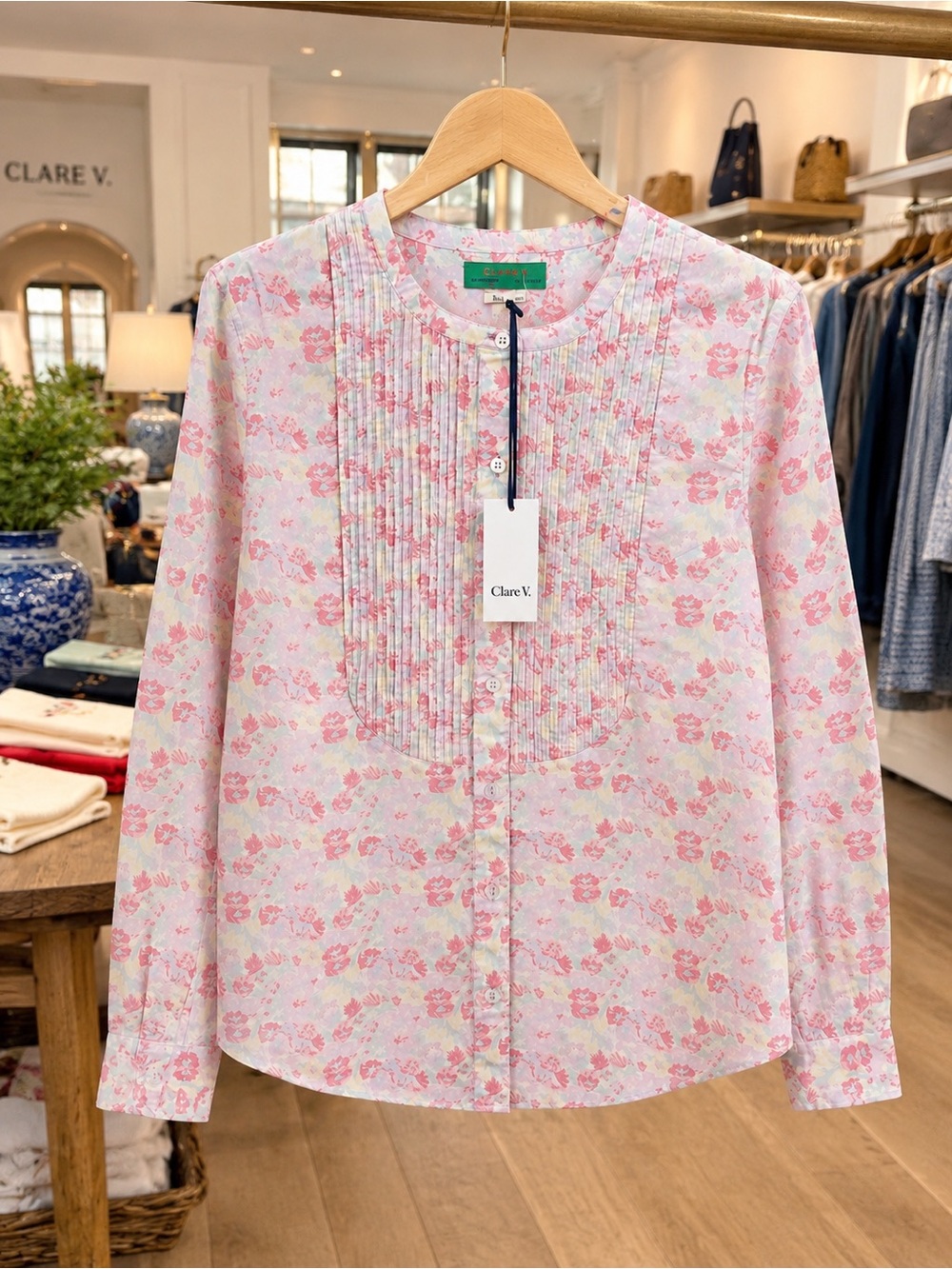 NWT Clare V. Floral Pintuck Cotton Blouse M Bib Front Long Sleeve